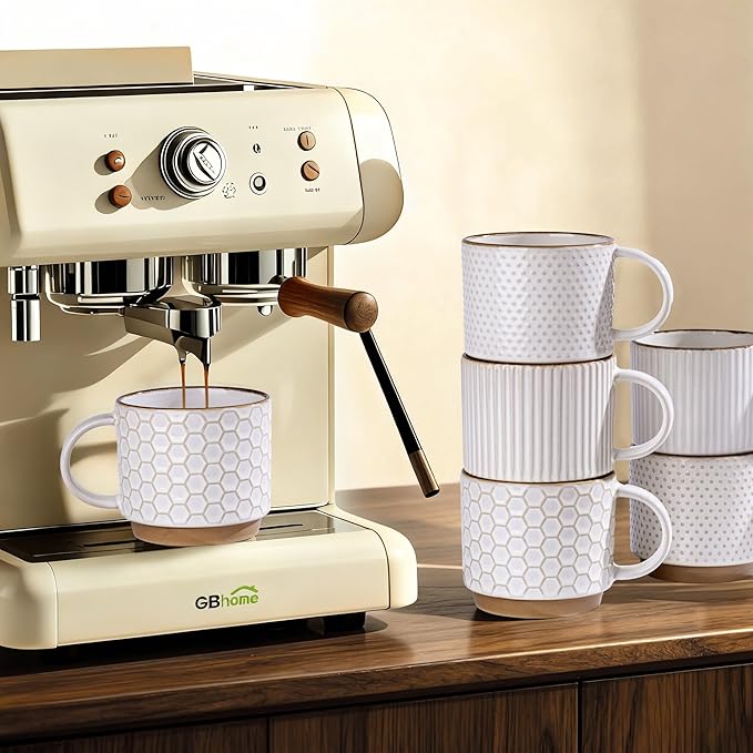 GBhome 15OZ Stackable Coffee Mugs, Ceramic Coffee Mugs with Texture Patterns for Man,Woman,Dad,Mom, Modern Coffee Mugs Set of 4 for Latte/Cappuccino/Cocoa. Dishwasher&Microwave Safe, Off White