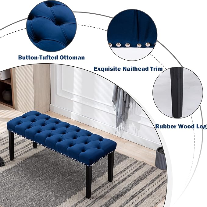 KCC Button-Tufted Ottoman Bench, Upholstered Bedroom Benches Velvet Footrest Stool Accent Bench for Entryway Dining Room Living Room Bedroom End of Bed, Blue