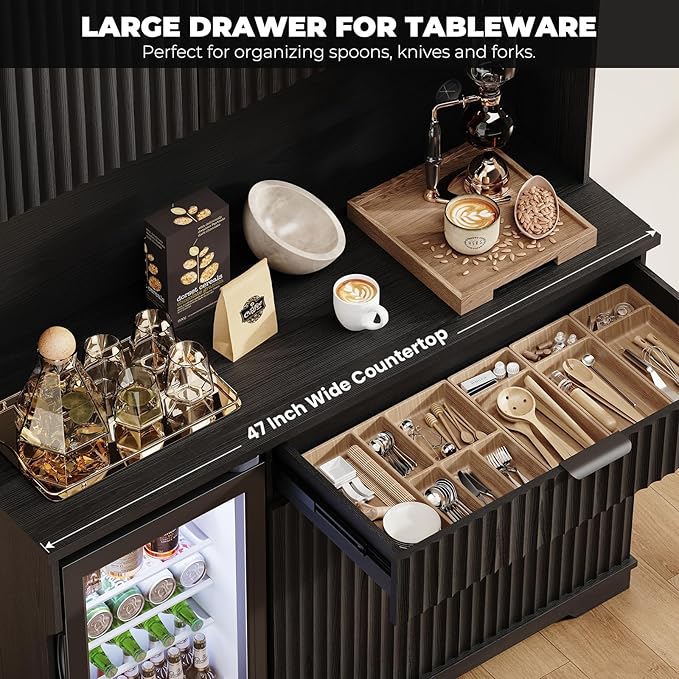 69" Kitchen Pantry with Fridge (Fridge Included), Fluted Coffee Bar Cabinet with Storage Hutch, Tall Wine Bar Cabinets with Drawers & Wide Countertop for Living Room, Dining Room, Black