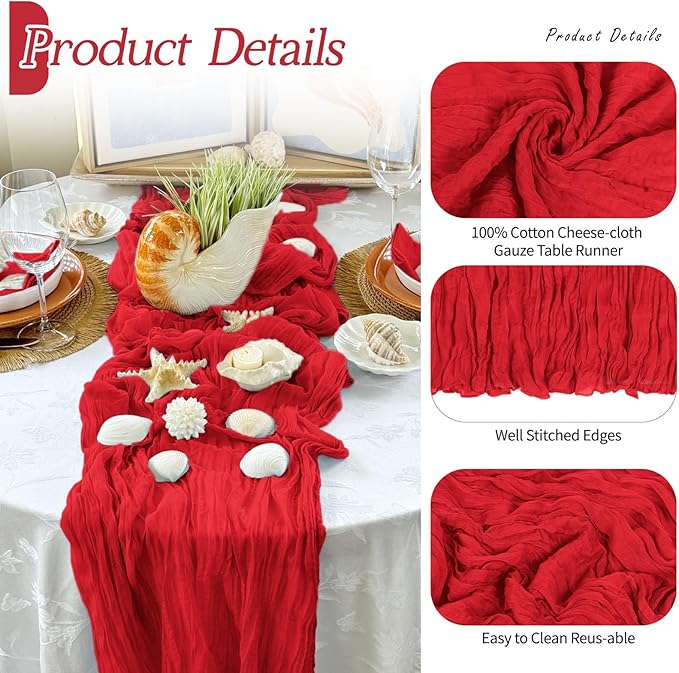 RealBox 6 Pack Red Cheesecloth Table Runner 17x108 Inch Semi Sheer Boho Gauze Cheese Cloth Fabric Table Runners Table Decor for Wedding Party Baby Shower Birthday Home Decor Garden Farmhouse