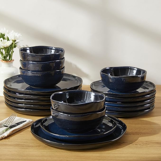 18 Piece Stoneware Dish Set for 6, Reactive Glaze Ceramic Plates and Bowls Set | Coastal?멗nspired Irregular Design for Casual Entertaining & Intimate Dinners | Dishwasher & Microwave Safe