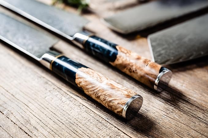 Epicurean Cook 8-Piece Damascus Knife Set with Japanese VG10 Steel Core - Ultra Sharp Kitchen Knives with 67 Layers of Damascus Steel - Burl Wood Black Resin Handles