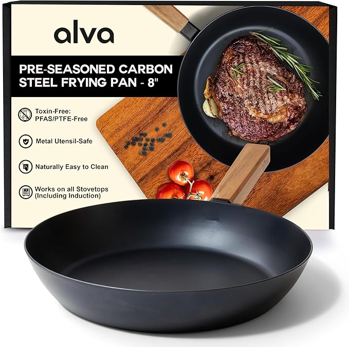 Alva Forest 8" Carbon Steel Frying Pan ??Naturally Nonstick, Pre-Seasoned, with Acacia Wood Handle, Made Without PTFE, PFOA, PFAS ??Sustainable Belgian Design, Induction & All-Stovetop Safe