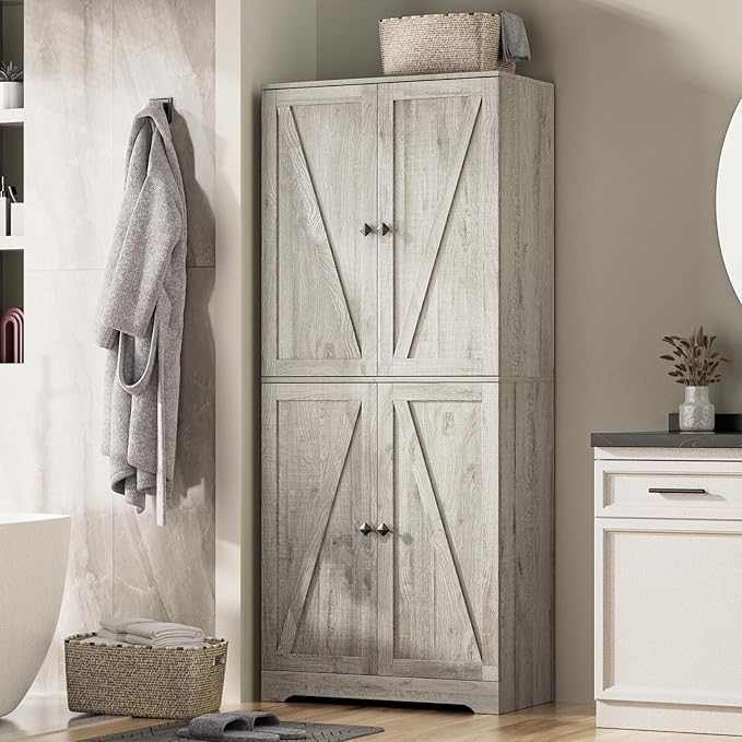 LYNSOM Farmhouse Storage Cabinet Set of 2, 72" Tall Kitchen Pantry Cabinet with 4 Barn Doors and Adjustable Shelves, Freestanding Storage Cabinets for Kitchen, Grey