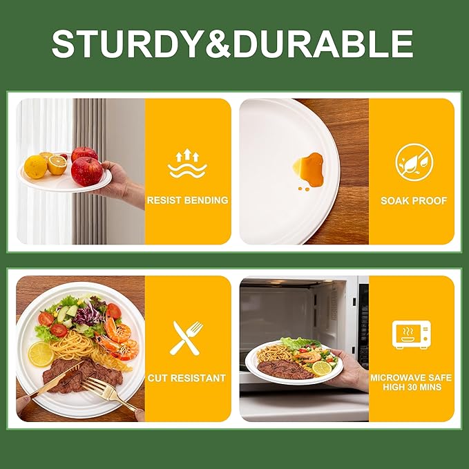 DaYammi 100% Compostable Paper Plates 10 Inch, 125-Pack Heavy Duty Paper Plates Bulk,Biodegradable Bagasse,Eco-Friendly Disposable Dinner Plate for BBQ,Picnic,Party (BPI Certified,Microwaveable)
