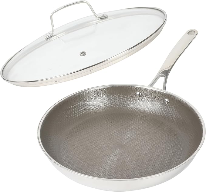 Martha Stewart Badgley Hybrid Nonstick 12 Inch TriPly Stainless Steel Large Fry Pan With Lid & Stay Cool Handle - Laser Etched Non-Toxic Perfect Sear Nonstick Skillet - Dishwasher and Induction Safe