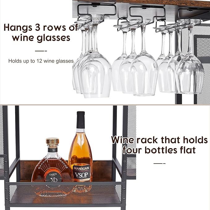 6-Tier (Safe Height for Kids & Pets) Freestanding Wine Rack with Glass Holders & Fences, Large Bar Cabinet for Home, Liquor Stand for Wine Bottles, Christmas & Holiday Party Wine Shelf