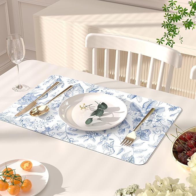 QIYI Placemats Set of 6, 12x18 Inch Faux Leather Place Mats for Kitchen Dinning, Heat Resistant Anti Slip Floral Table Mats, Waterproof Wipeable Washable Placemat Party Table D챕cor, Blue Flowers