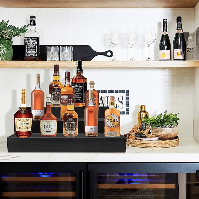 Royxen Wood Liquor Bottle Shelf 3 Tier Bar Shelf Freestanding Vintage Liquor Stand for Home Bar Decor (Black, 24 Inch Wide)