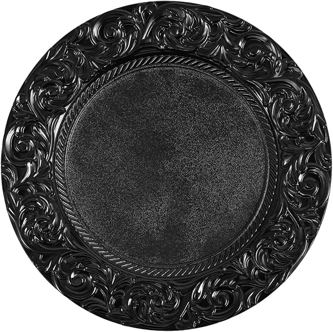 150pcs Black Charger Plates, 13" Round Reusable Decorative Flower Relief Carving Bulk Chargers for Dinner Plates, Wedding, Bridal Shower