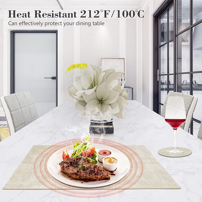 JUCCWARM Faux Leather Placemats Set of 6,Heat Resistant Placemats for Dining Table, Easy Clean Non-Slip Place Mats, Waterproof Stain Resistant Wipeable Washable PU Table Mats, (Beige)