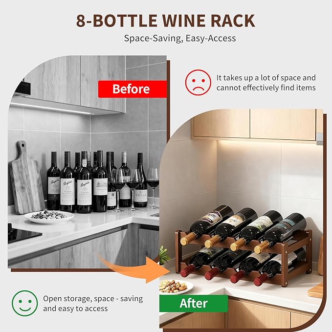 Wine Rack |Open & 2-Tier Bamboo Wine Holder| Freestanding Floor & Countertop Wine Display-Space-Saving Wooden Wine Storage Shelf for Kitchen, Cabinets,Bar & Dining Room(1, 2-Tiers)