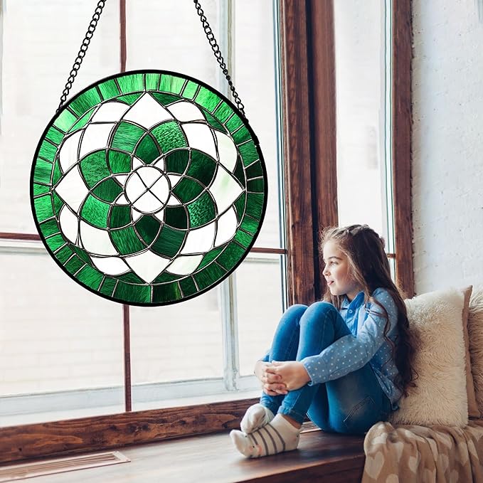 Stained Glass Window Hanging Abstract Green Flower Large 15" - Suncatcher Door Garden Sun Catcher Ireland Decor Birthday Mother's St. Ripack's Day Gift for Woman Mom Men Friend Nana Wife
