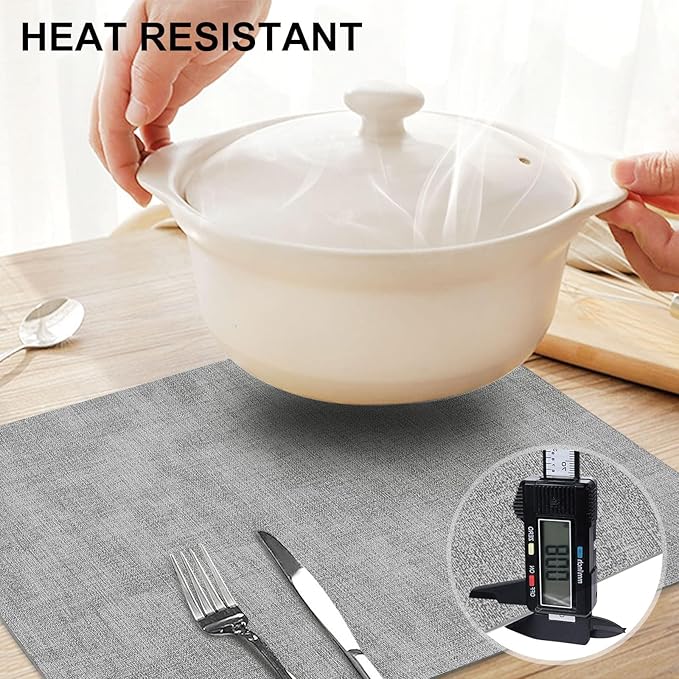 homing Faux Leather Heat Resistant Placemats 6 Packs, Waterproof Wipeable Dining PU Place Mats for Indoor & Outdoor, Easy to Clean, Light Grey