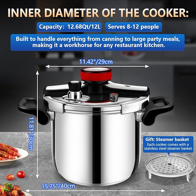 Stainless Steel Pressure Cooker 12 Quart, Commercial Stove Top Pressure Cooker for canning, One-Hand Locking, Compatible with Gas & Induction, Fast Cooking for Large Meals, Dishwasher Safe, PETERBOO