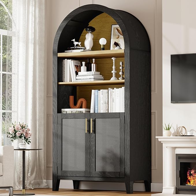 Arched Kitchen Pantry for, 63" Tall Wooden Entryway Storage Cabinet with 2 Doors & 5 Tier Adjustable Shelves, Versatile Farmhouse Hallway Organizer for Entryway, Bedroom, Dining Room