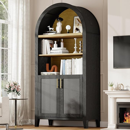 Arched Kitchen Pantry for, 63" Tall Wooden Entryway Storage Cabinet with 2 Doors & 5 Tier Adjustable Shelves, Versatile Farmhouse Hallway Organizer for Entryway, Bedroom, Dining Room