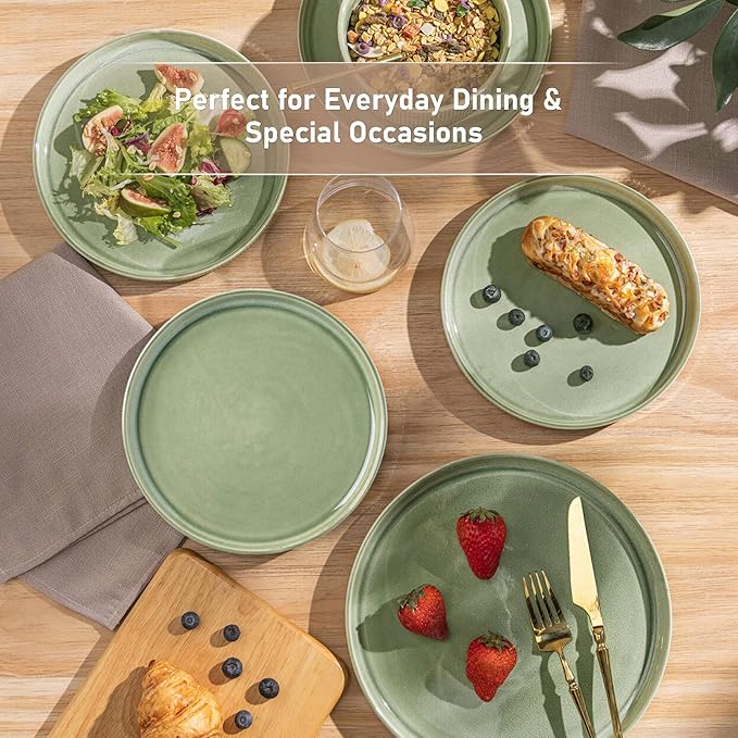 GBHOME Stoneware Dinnerware Sets for 8,Round Reactive Glaze Ceramic Plates and Bowls Set,Highly Scratch Resistant | Dishwasher & Microwave Safe Dishes Set,Service for 8(24pcs)竊똋ight Green