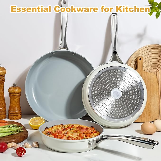 Non Stick Frying Pans Set, Ceramic Skillet, Non Toxic Omelette Egg Pans for Cooking, 8" 9.5" 11" PFAS & PTFE & PFOA Free with Stainless Steel Handle, Dishwasher & Oven Safe, White