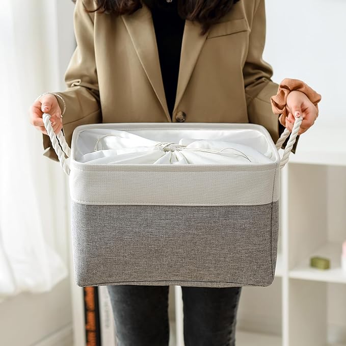 TheWarmHome Storage Baskets for Organizing, X Large - 3 Pack 17.7L횞13.8W횞9.8H in Foldable Storage Bins for Shelves, Fabric Storage Box for Closet Nursery Toy Gift (White & Grey)