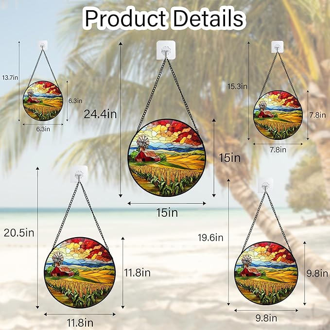 Stained Glass Window Hanging Autumn Farm Corn Harvest Landscape 7.8" - Suncatcher Garden Door Sun Catcher Home Decor Birthday Christmas for Woman Mom Friend Men Nana