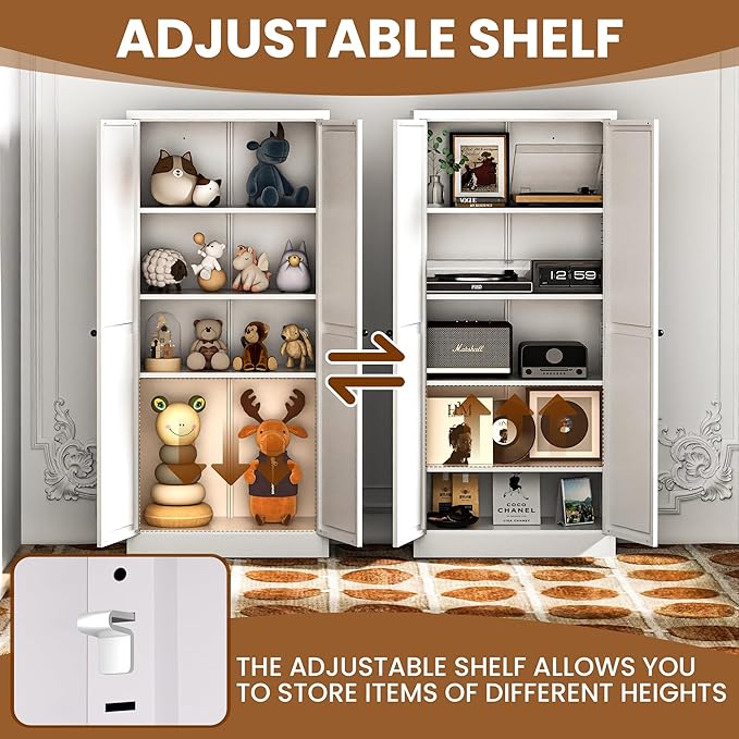Metal Pantry Storage Cabinet with 2 Doors and 5 Adjustable Shelves, 72" Tall Kitchen Storage Cabinets for Kitchen Dining Room Living Room Bathroom,Assembly Required (White)