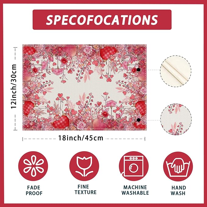 XCHI Wild Flowers Love Hearts Valentine?셲 Day Placemats Set of 4 Table Mats for Party Home Kitchen Dining Table Decorations 12x18 Inch