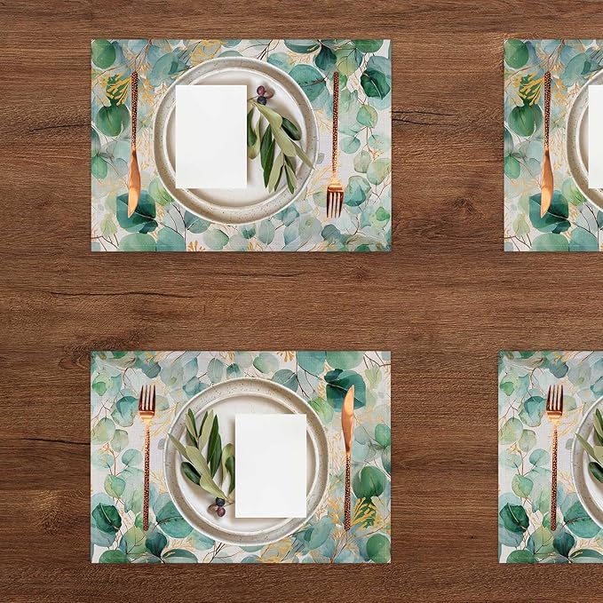 Jauageon Green Eucalyptus Leaves Placemat Set of 4 Spring Plants Placemats Spring Summer Table Mats for Indoor Outdoor Home Party Kitchen Dining Decor Farmhouse Burlap Table Mats 12x18 Inch