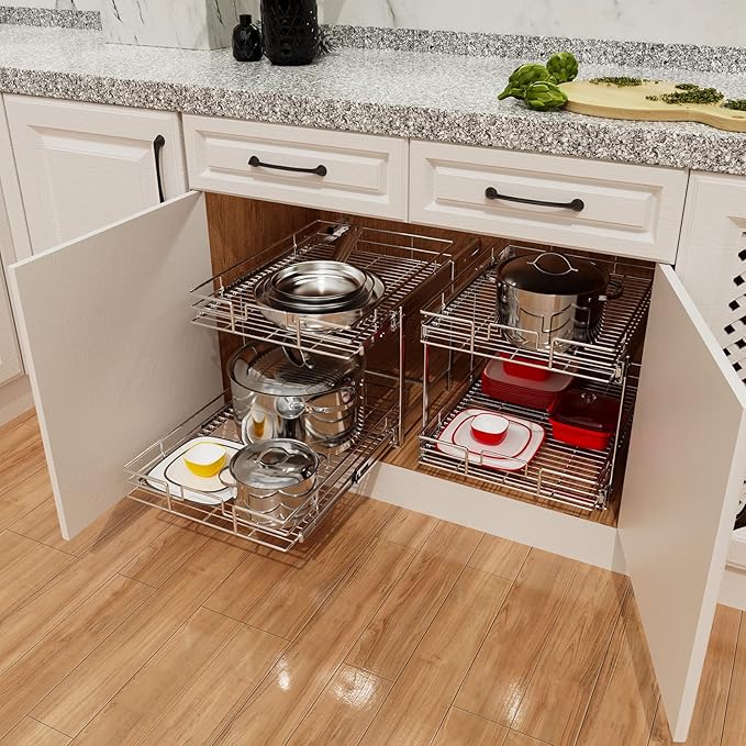 ROOMTEC Individual Pull Out Cabinet Organizer (22쩍"W x 21쩍"D), 2 Tier Spice Rack Organizer for Cabinet, Slide Out Drawer Pantry Shelf Organization and Storage for Kitchen Bathroom