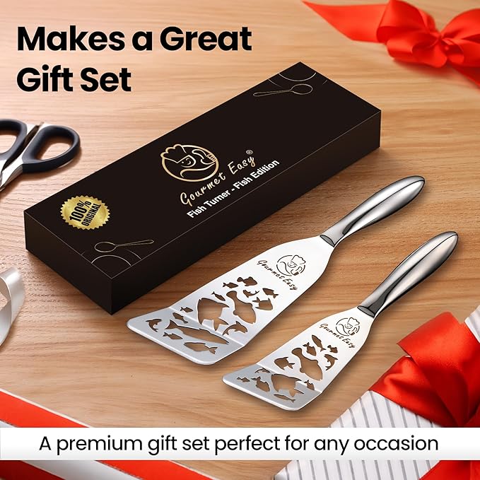 Stainless Steel Fish Spatula Set ??Funky Fish Edition, 1 Large Fish Turner + 1 Small Metal Spatula, Ultra Thin Edge for Easy Turning & Flipping, Ergonomic Non-Slip Handle, Dishwasher Safe
