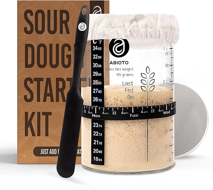 Sourdough Starter Jar Kit, Includes 34 oz Sourdough Starter Jar with Metallic Lid, Silicone Spatula, Feeding Tracker, Extra Thermometer Strips & Breathable Covers ??Sourdough Bread Starter Kit