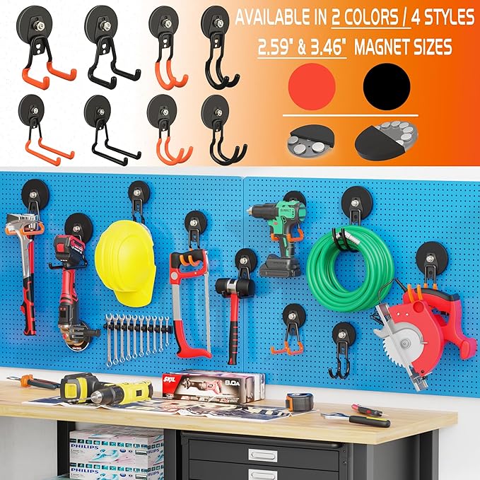 ULIBERMAGNET New Upgraded Garage Magnetic Hooks, 2 Pack Black Heavy Duty Large J Hooks with Magnet, Black Strong Anti-Slip Coating Magnet Hooks for Garden Tools, Ropes,Drill,Metal Cabinet,Pegboard