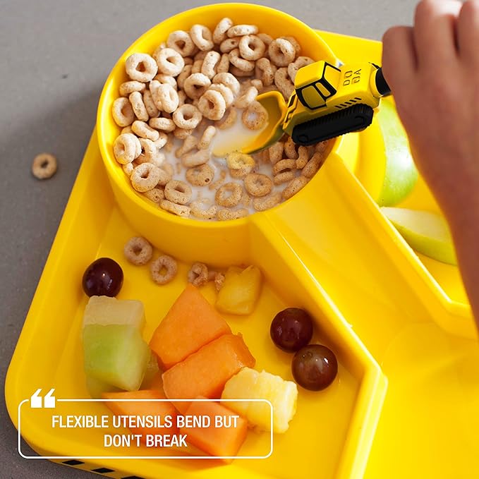 Dinneractive Utensil Set for Kids ??Construction Themed Toddler Forks and Spoons, Toddler Utensils ??2-Piece Set ??Yellow Construction Utensils For Toddlers - Loader & Tractor Toddler Spoons and Forks