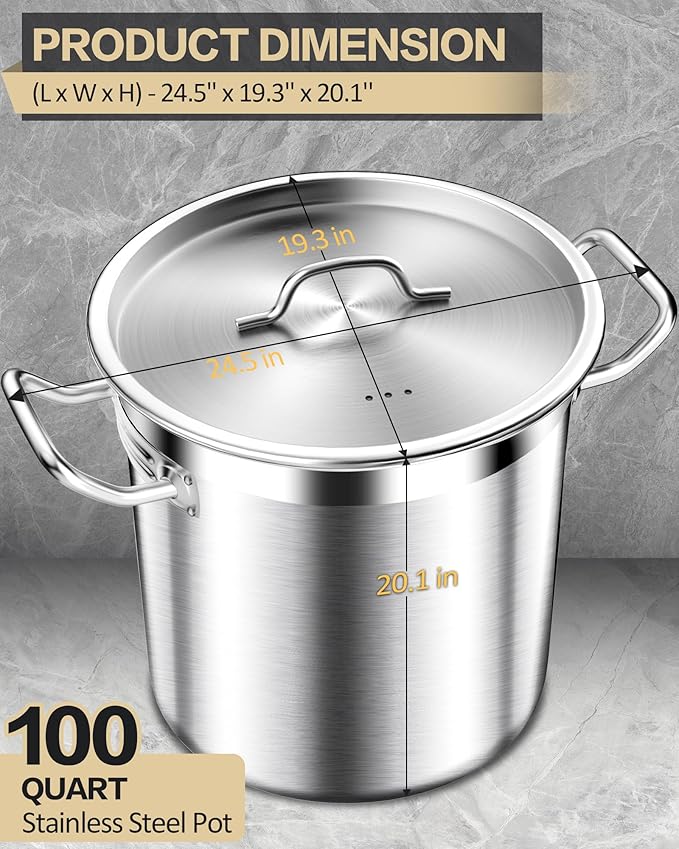 Extra-Large Stainless Steel Stock Pot ??Commercial Heavy Duty Soup Pot with Lid, 3-Ply Base for Fast Heating, Ideal for Seafood Boils and Outdoor Cooking - 100 Quart