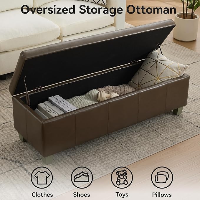 WUTUTUEE 51" Faux Leather Storage Ottoman, Stitch Tufted Rectangle Upholstered End of Bed Storage Bench, Entryway Large Couch Ottoman with Wooden Legs, Coffee