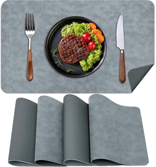 Faux Leather Placemats, Set of 4, 12''횞17' Textures on Both Sides, Heat-Resistant, Waterproof and Oil-Proof, Reversible Place Mats for Kitchen, Dining Table,Outdoor-Grey&Dark Grey