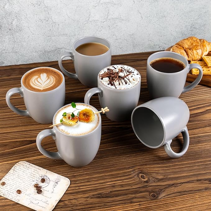 GBhome 16oz Coffee Mugs Set of 6, Large Ceramic Coffee Mugs for Man, Woman, Dad, Mom, Modern Coffee Mugs Set with handle for Tea/Latte/Cappuccino/Milk/Cocoa. Dishwasher&Microwave Safe,Matte Grey