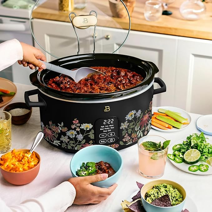 Beautiful 6 Quart Programmable Slow Cooker, 5 Cooking Presets, Digital Countdown Timer, Dishwasher Safe Parts by Drew Barrymore (Wildflower Black Sesame)