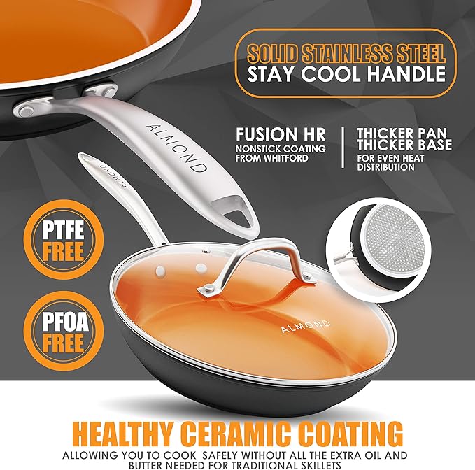 Almond Nonstick Ceramic Copper Frying Pan: Non Stick 8 Inches Skillet With Glass Lid - Round Aluminum Saute Pan for Gas, Electric and Induction Cooktops (8 Inch)