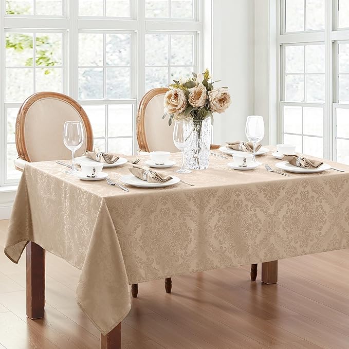 Elrene Home Fashions Caiden Elegance Damask Waterproof, Stain & Wrinkle Resistant Fabric Tablecloth, 60" x 84" Oblong/Rectangle, Taupe