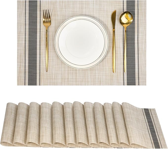 flohar Placemats Set of 12竊똍on-Slip PVC Weave Table Mats Easy to Clean竊똇eat Resistant Place Mats for Kitchen Dining Table Decoration Indoor Outdoor竊똊haki Gray
