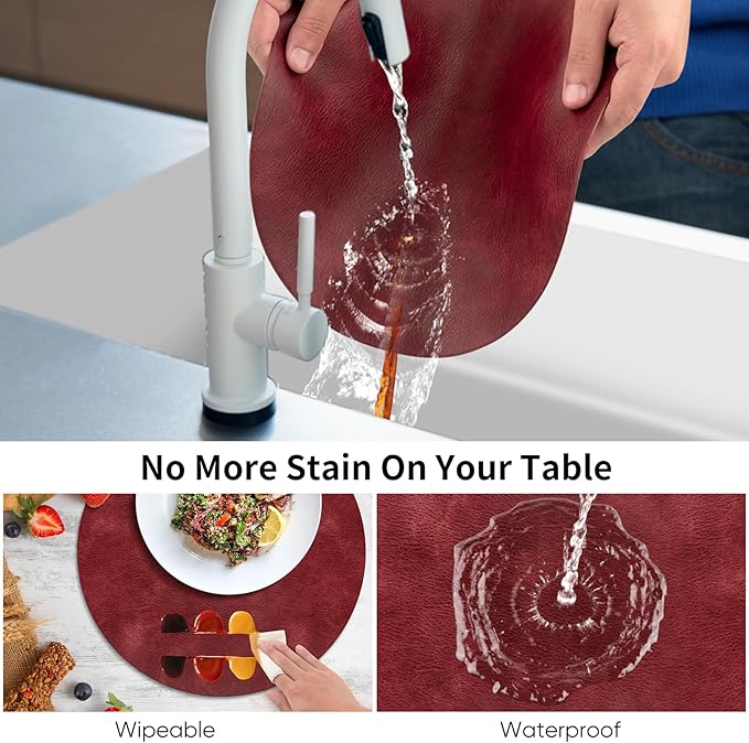 ADRIMER Placemats, Heat Resistant Round Placemats Set of 6 Washable, Waterproof Table Mats, Wipeable Faux Leather Place Mats for Kitchen, Dining Room, Wine Red