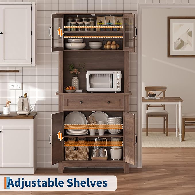 Elegant Brown Modern Wood Pantry Coffee Cabinet with Ample Storage, Spacious 72" Tall Kitchen Bar Cabinet Hutch Featuring 4 Stylish Glass Doors & 1 Smooth Drawer, Versatile Stand-Alone Food Pantry