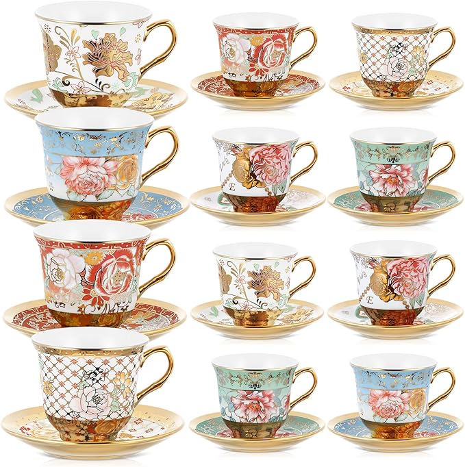 Set of 12 Tea Cups and Saucers Tea Party Decorations Floral Porcelain 7.4 oz British Gift for Women Birthday Party, Church, and Mother's Day (Stylish Style)