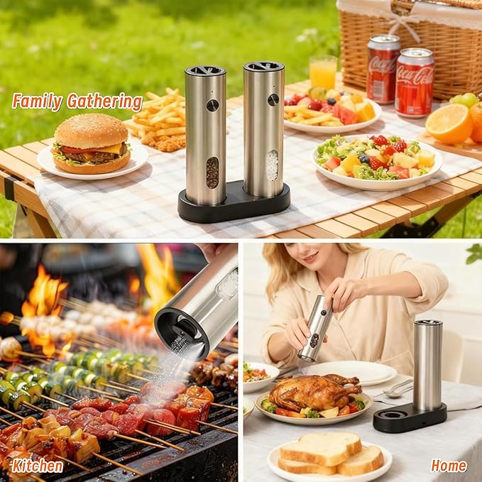 Electric Salt and Pepper Grinder Set,Rechargeable,Adjustable Coarseness,LED Light with Dual Charging Base,110ml Upgraded Large Capacity,Top-Refill,Stainless Steel Automatic Pepper Shakers