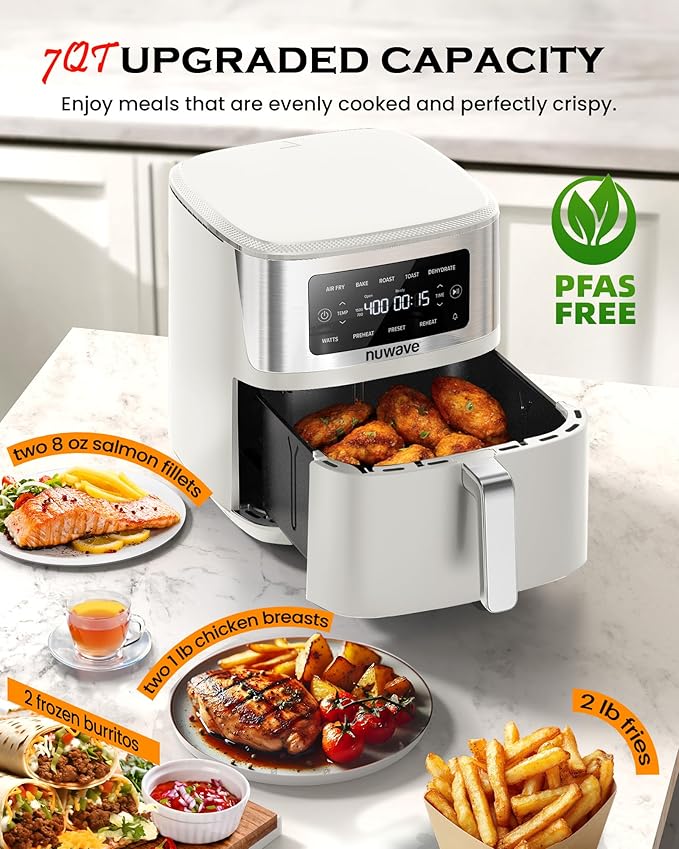 Nuwave Brio Plus 6-in-1 Air Fryer, 7-Qt Large Capacity, 50°F??00°F Precise Temp Control, Non-Toxic PFAS-Free Nonstick, Air Fry, Bake, Roast, Toast, Dehydrate, Reheat, 100 Presets, Dishwasher Safe