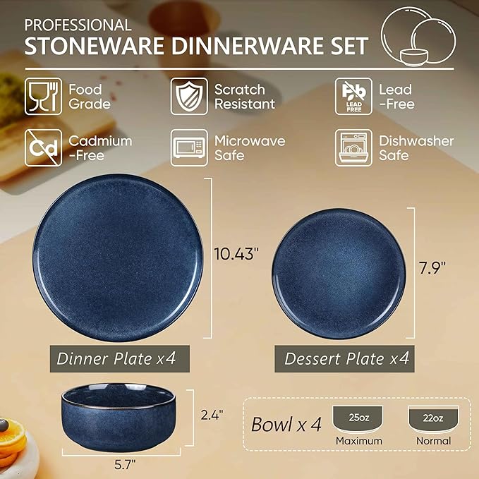 Herogo 12 Pieces Stoneware Dinnerware Dishes Sets for 4, Kitchen Dining Plates and Bowls Sets, Double Reactive Glaze, Microwave & Dishwasher Safe, Scratch Resistant, Starry Blue & Cream Khaki