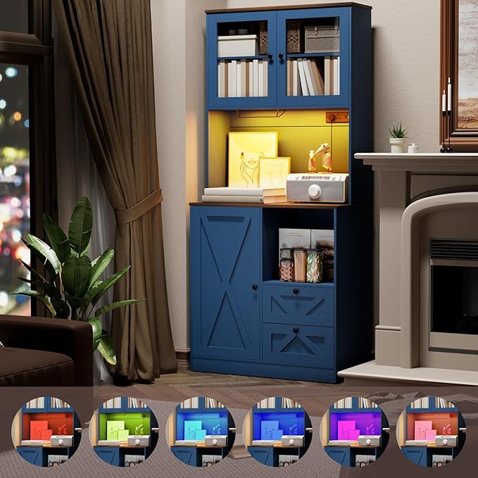 71?섃셁itchen Pantry Storage Cabinet with LED Lights and Power Outlet, Tall Farmhouse Kitchen Hutch with Microwave Stand,Globet Hooks and Adjustable Shelf for Dining Living Room,Blue