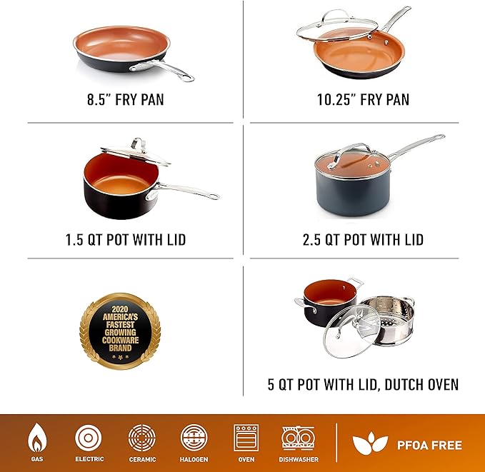 Gotham Steel 10 Piece Pots and Pans Set with Ultra Nonstick Diamond Surface, Includes Frying Pans, Stock Pots, Saucepans & More, Stay Cool Handles, Oven Metal Utensil & Dishwasher Safe, 100% PFOA Free