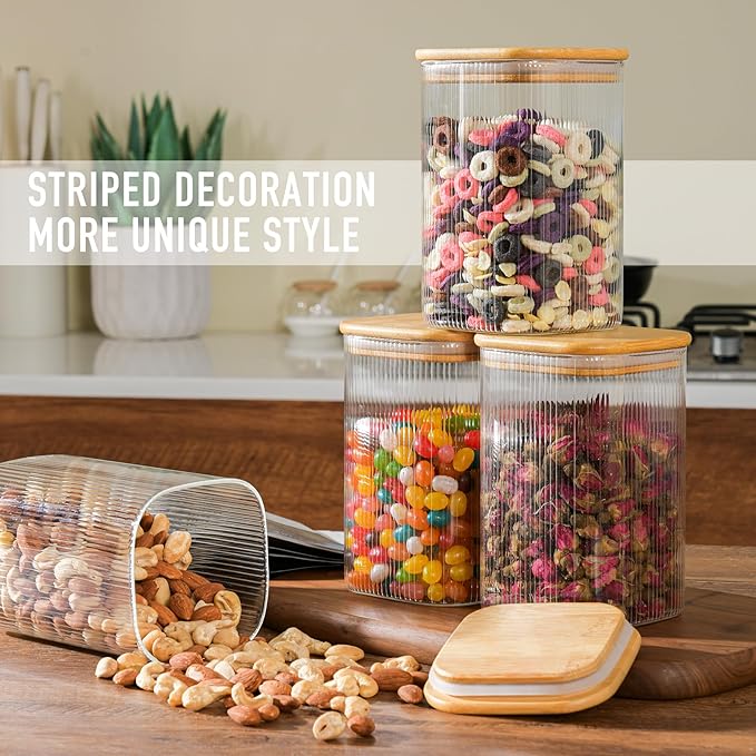 37oz Airtight Glass Square Storage Canisters with Bamboo Lids Set of 4 (1100ml) Striped Stackable Containers, Decorative Kitchen Jars for Tea, Nuts and Coffee (?럚ith Black Lable)